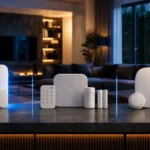Confronto tra tre kit allarme smart domestici su tavolo in soggiorno moderno