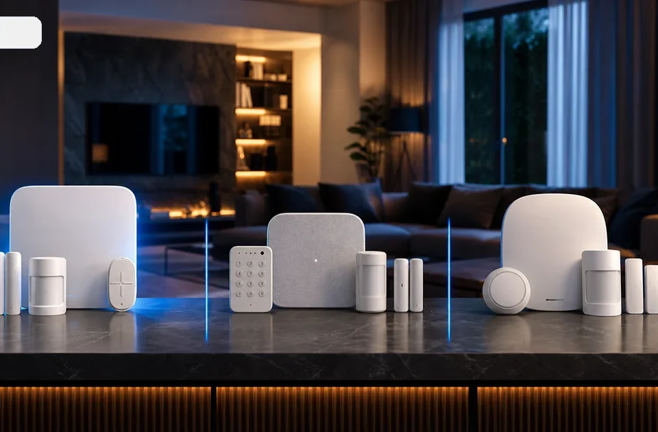 Confronto tra tre kit allarme smart domestici su tavolo in soggiorno moderno