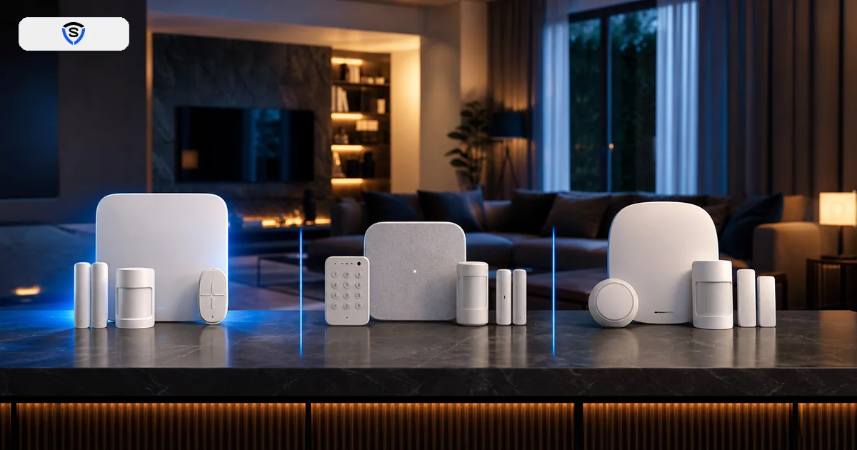 Confronto tra tre kit allarme smart domestici su tavolo in soggiorno moderno