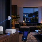 Sistema allarme smart integrato con assistente vocale e sensori in soggiorno moderno
