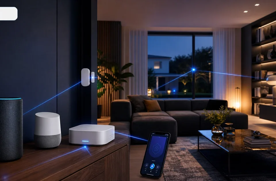 Sistema allarme smart integrato con assistente vocale e sensori in soggiorno moderno