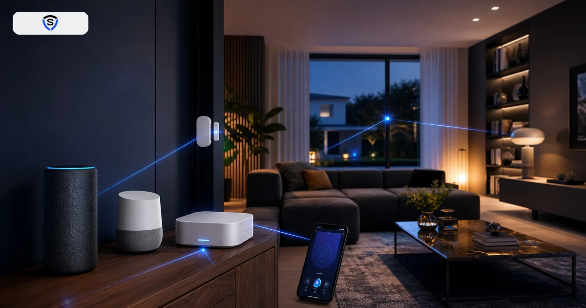 Sistema allarme smart integrato con assistente vocale e sensori in soggiorno moderno