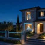 Villetta italiana con linea perimetrale e sensori volumetrici per spiegare differenza tra allarme perimetrale e volumetrico