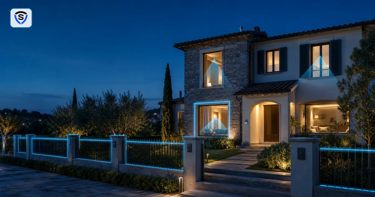 Villetta italiana con linea perimetrale e sensori volumetrici per spiegare differenza tra allarme perimetrale e volumetrico