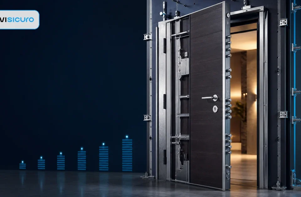 Porta antieffrazione con telaio e punti di chiusura controllati durante l'installazione