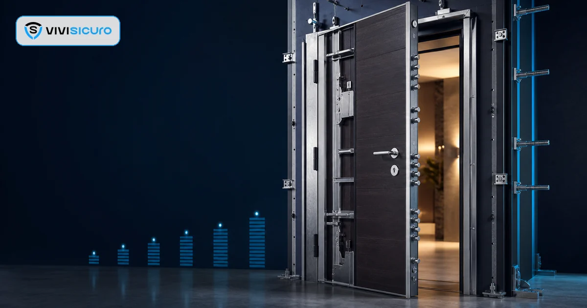 Porta antieffrazione con telaio e punti di chiusura controllati durante l'installazione