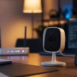 Telecamera indoor smart con router e smartphone per configurazione e ripristino