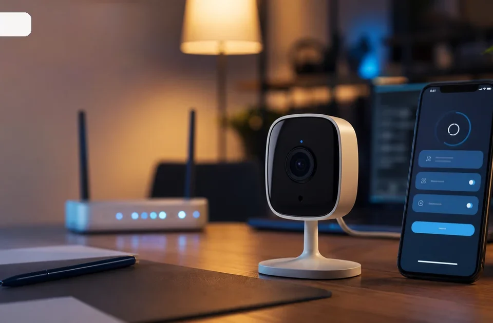 Telecamera indoor smart con router e smartphone per configurazione e ripristino