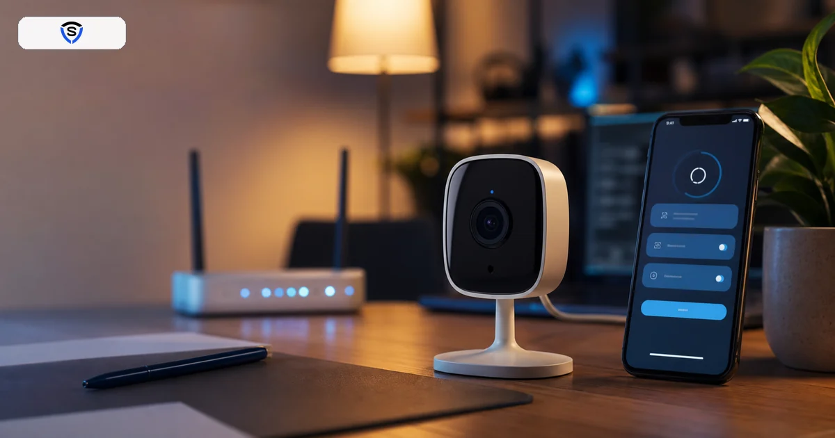 Telecamera indoor smart con router e smartphone per configurazione e ripristino