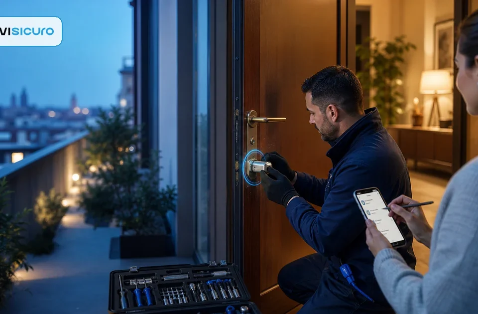 Serraturiere che ripristina la sicurezza della porta dopo un furto in casa