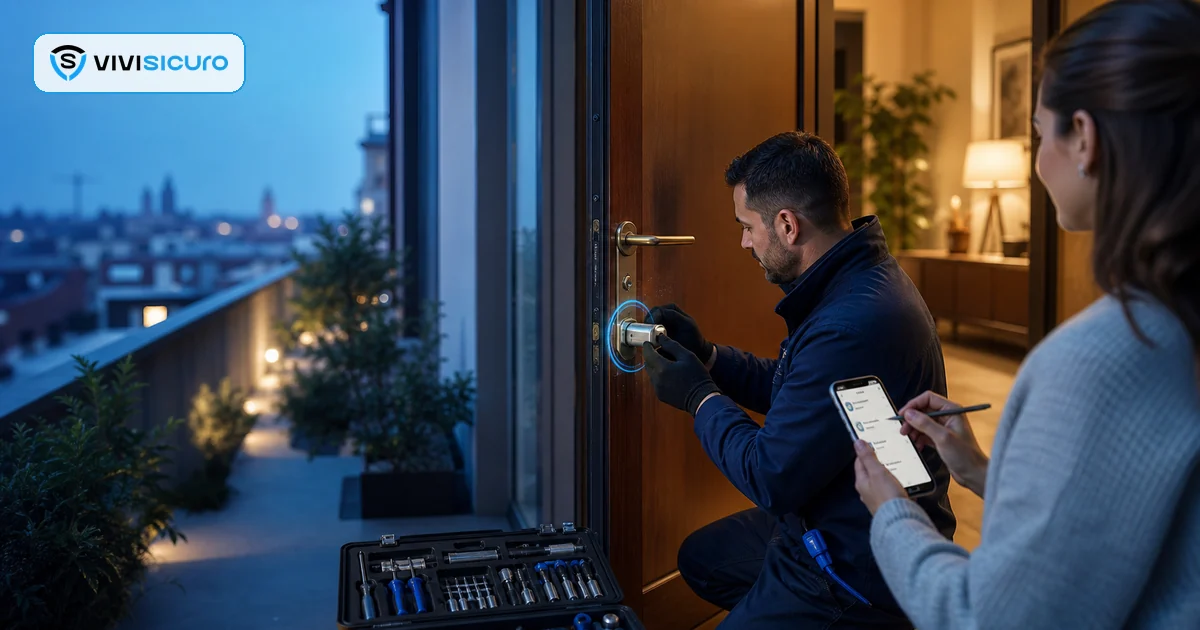 Serraturiere che ripristina la sicurezza della porta dopo un furto in casa