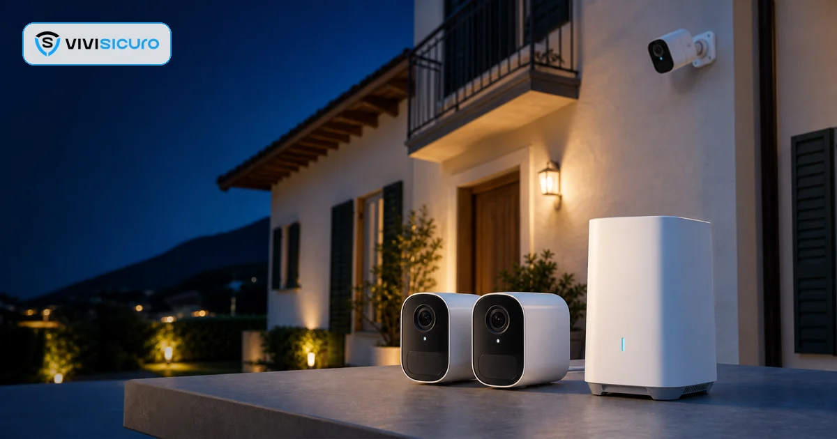 Sistema di telecamere esterne a batteria controllato da smartphone in una casa italiana