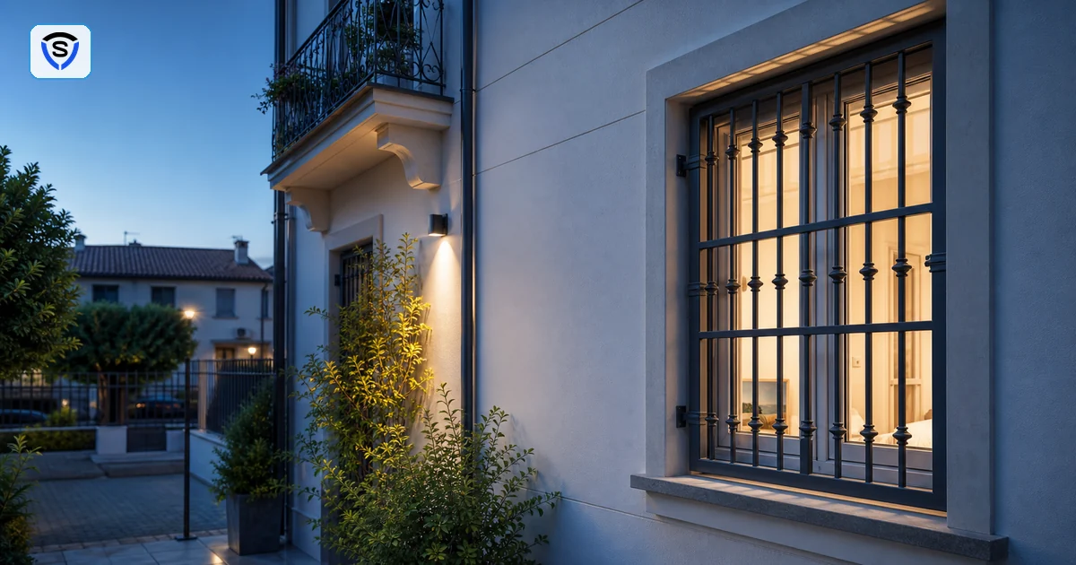 Finestra di abitazione italiana con grate di sicurezza integrate per guida su inferriate e protezione casa
