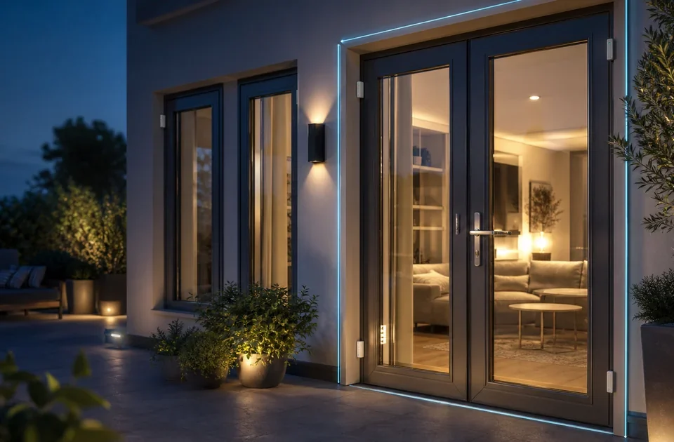 Porta finestra italiana protetta da sensori e perimetro luminoso per guida sulla sicurezza degli accessi