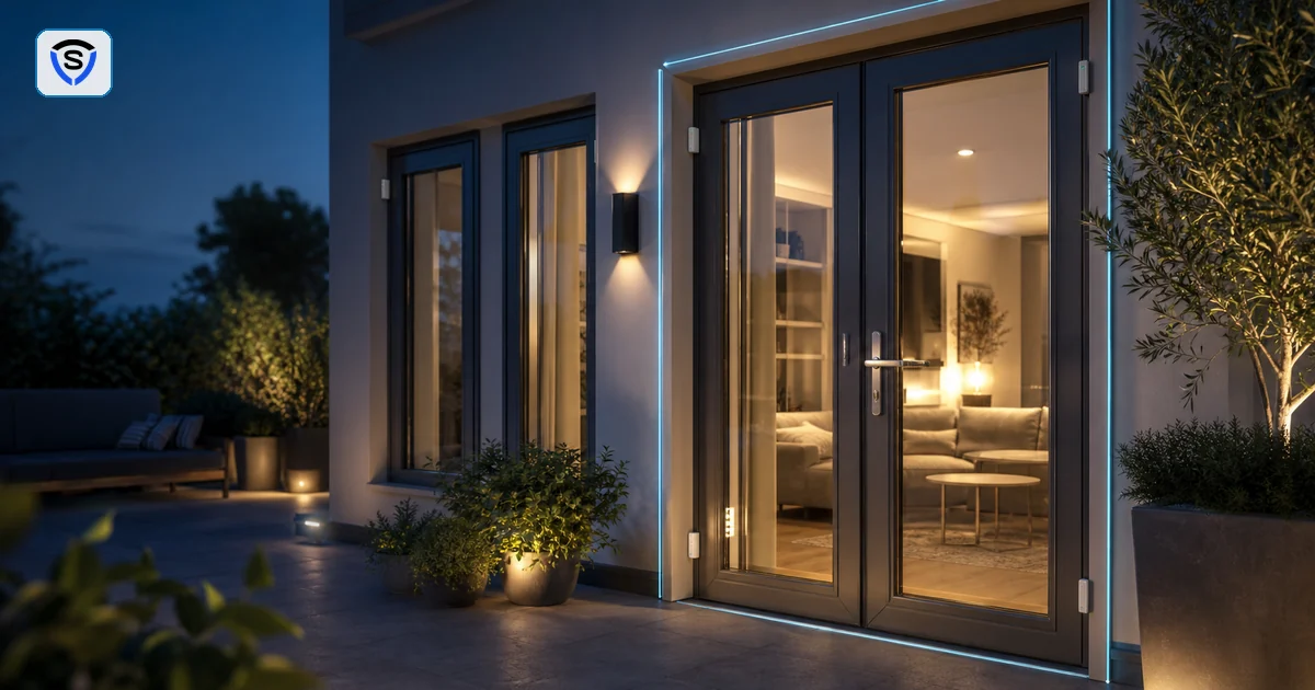 Porta finestra italiana protetta da sensori e perimetro luminoso per guida sulla sicurezza degli accessi