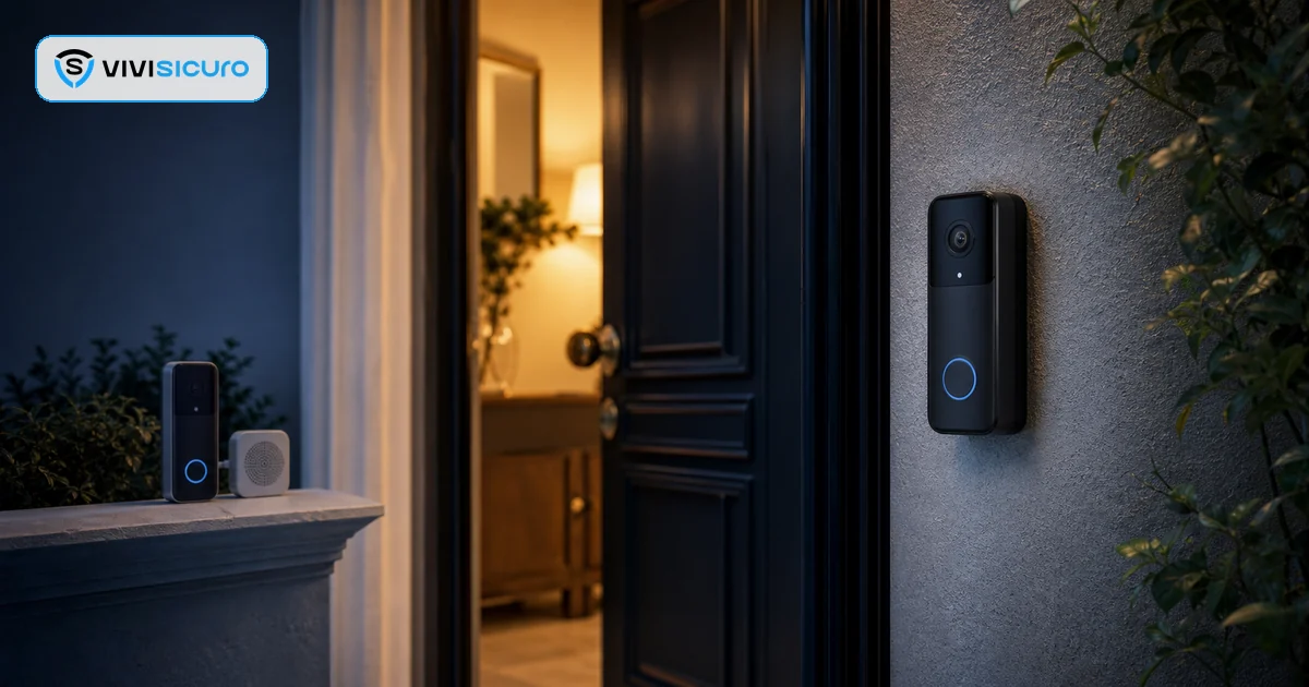 Videocitofono smart e campanello interno accanto alla porta di una casa italiana