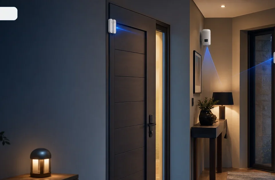 Sensori antifurto per porte finestre e movimento installati in ingresso domestico