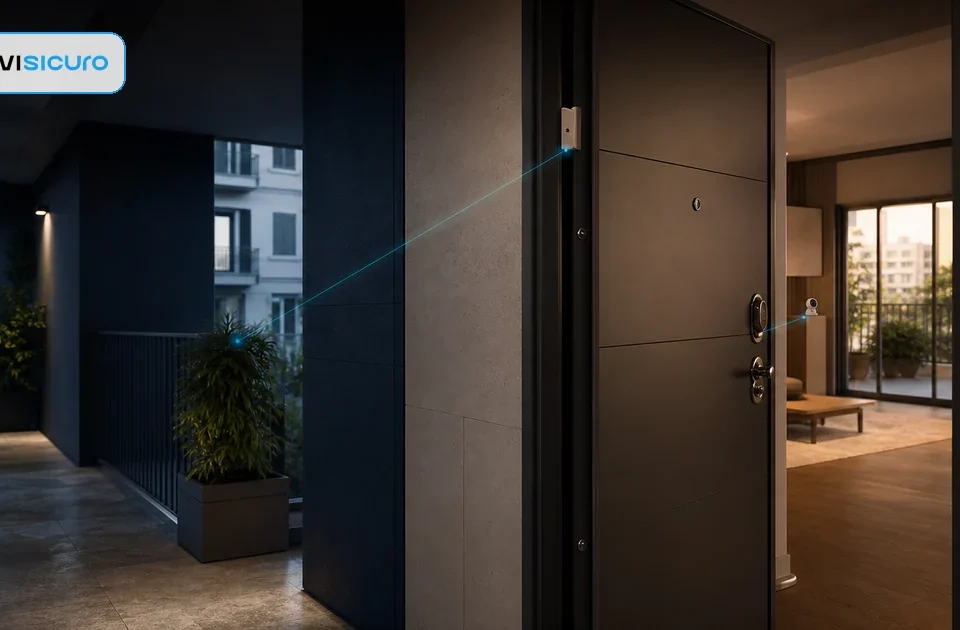 Ingresso di appartamento protetto da porta blindata, sensore e telecamera