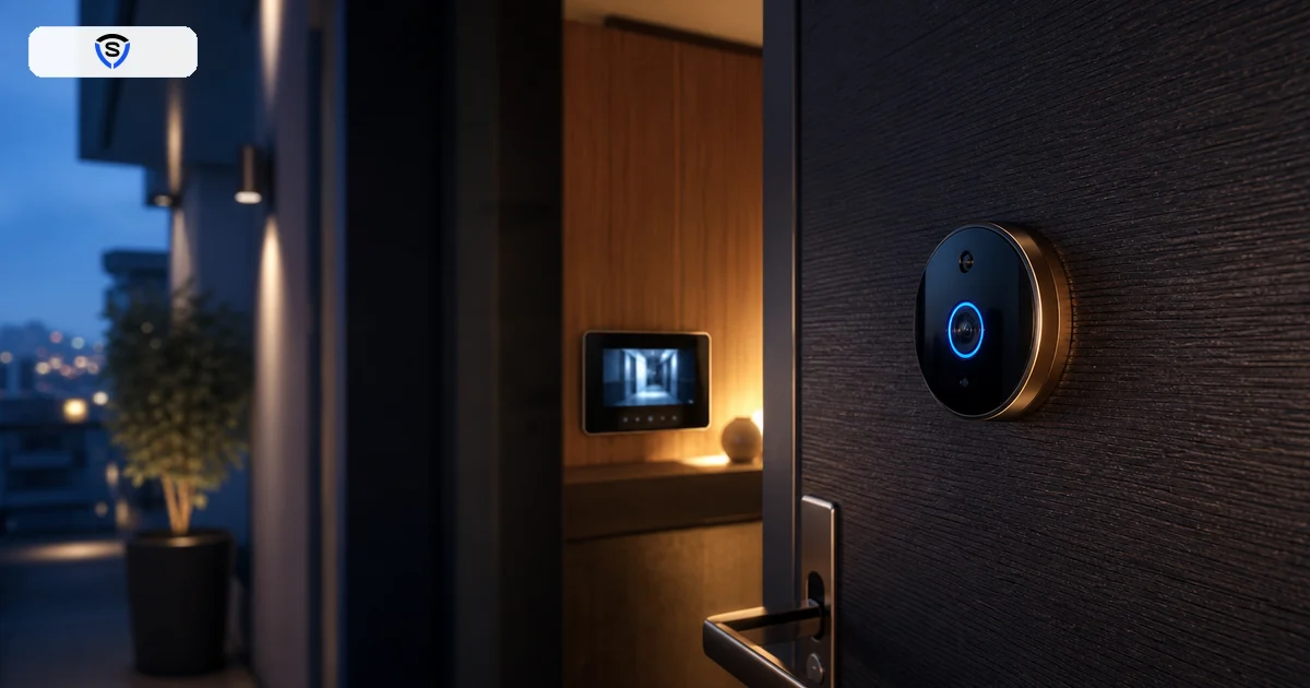 Spioncino digitale moderno su porta di appartamento con monitor interno