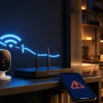 Telecamera di sicurezza offline con router e segnale WiFi interrotto
