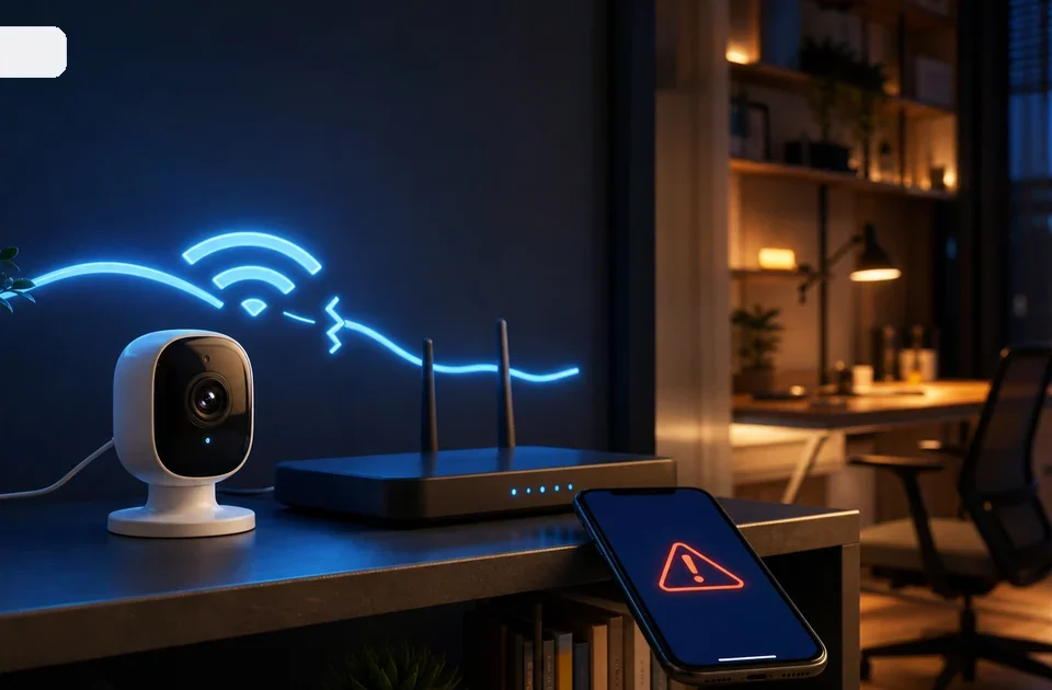 Telecamera di sicurezza offline con router e segnale WiFi interrotto