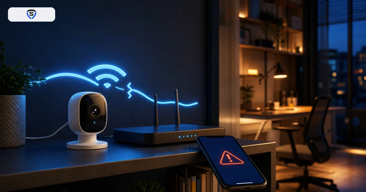 Telecamera di sicurezza offline con router e segnale WiFi interrotto