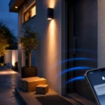 Videocampanello WiFi installato accanto a porta di ingresso con notifica smartphone