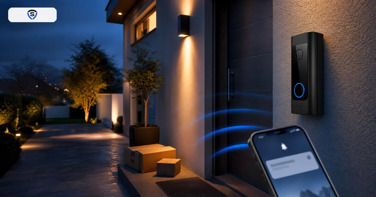 Videocampanello WiFi installato accanto a porta di ingresso con notifica smartphone