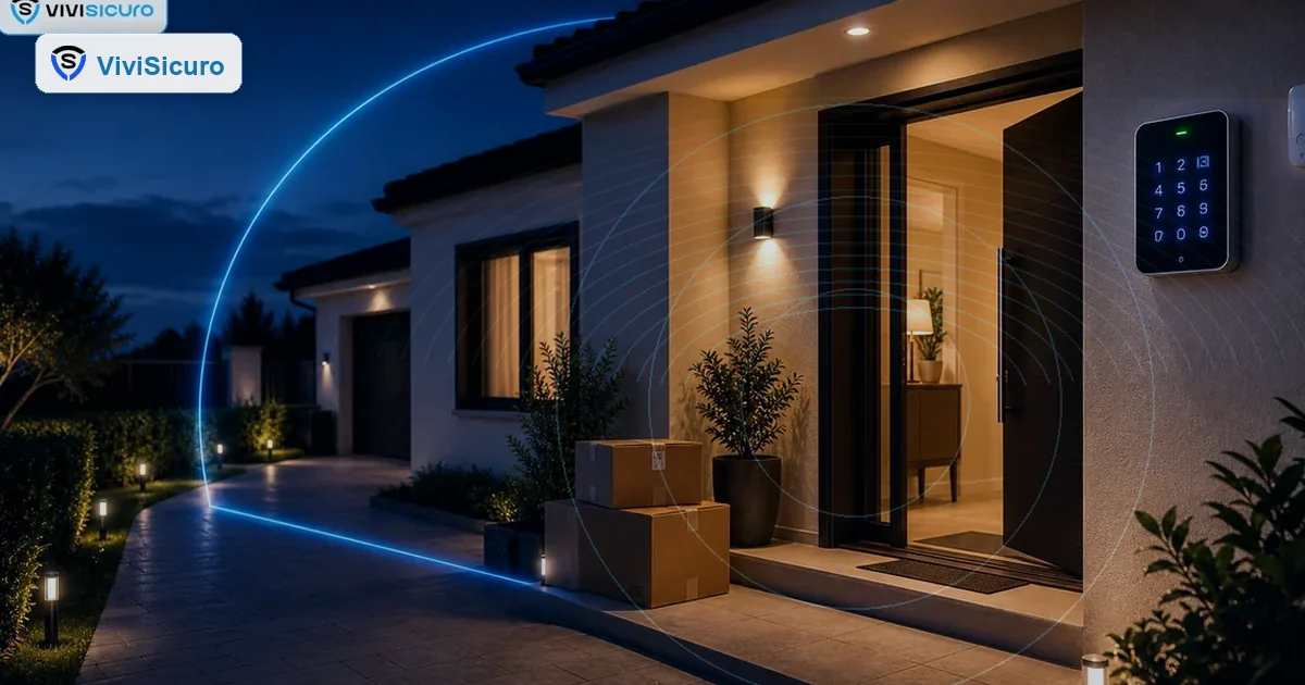Facciata di casa con punti vulnerabili evidenziati da segnali luminosi discreti