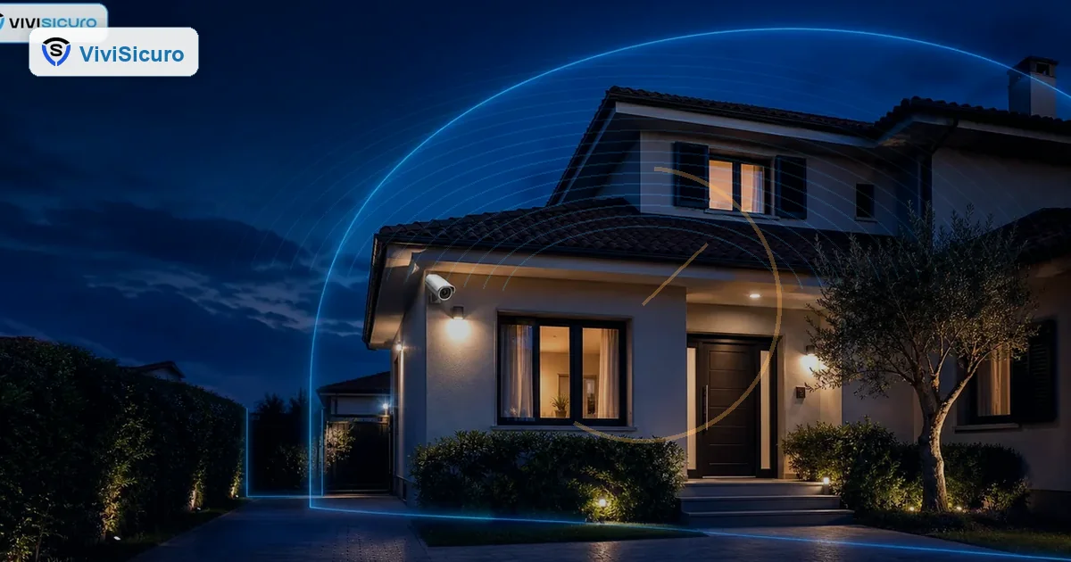 Casa italiana in blue hour con luci accese e controllo degli orari a rischio furto