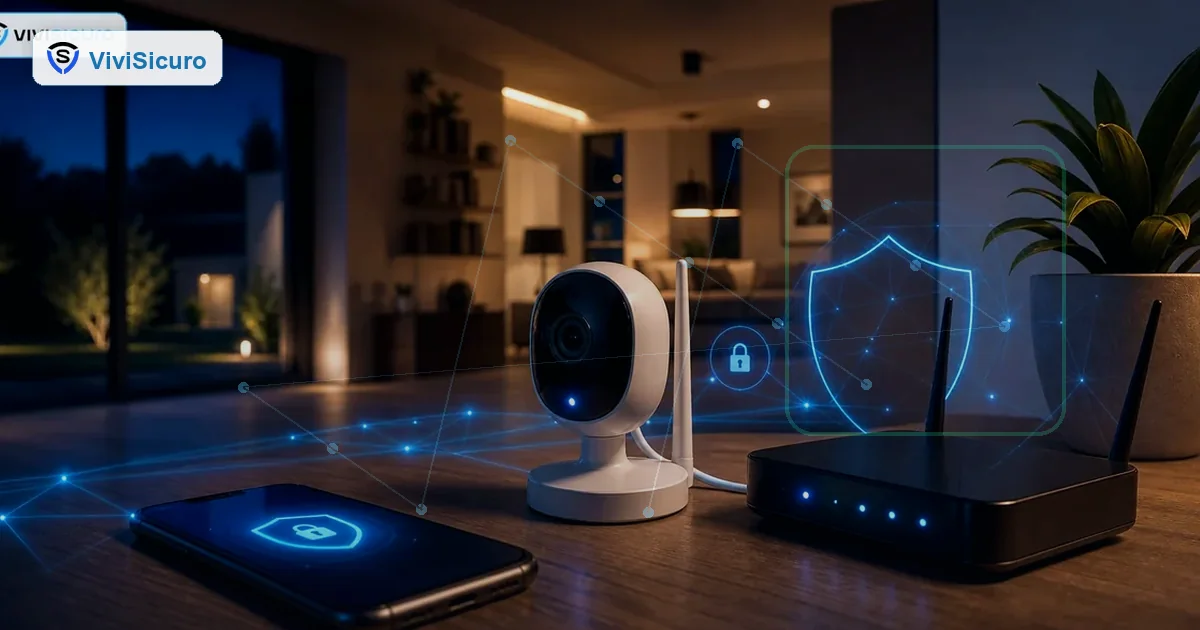 Telecamera domestica e router con protezione privacy e rete sicura