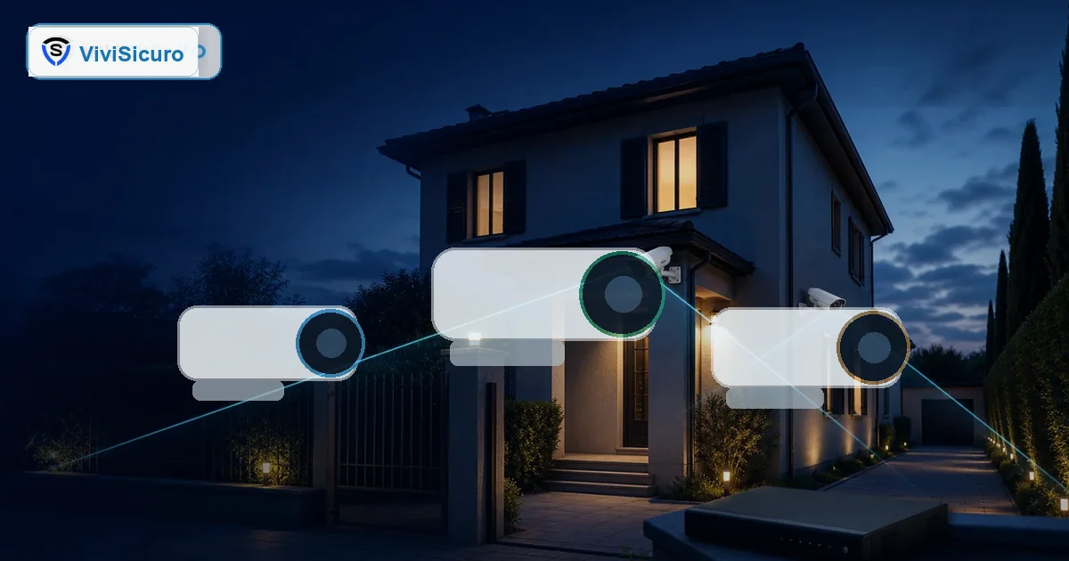 Tre telecamere smart a confronto in ambiente domestico con luce tecnica
