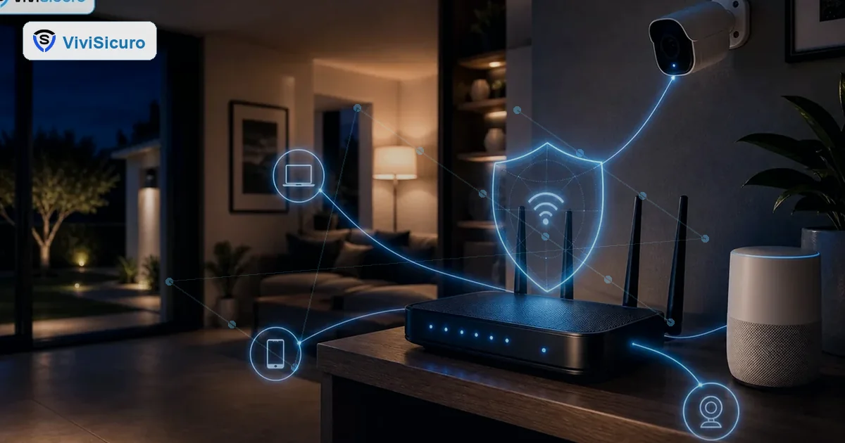 Router mesh e casa smart protetta da connessioni luminose blu