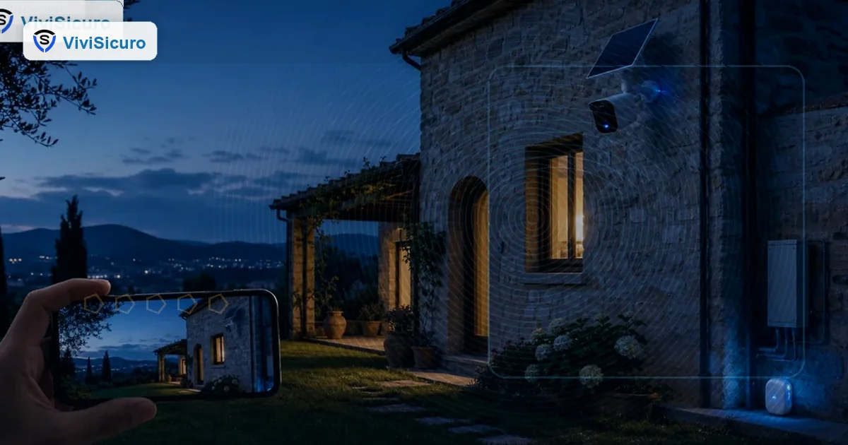 Telecamera a batteria con pannello solare in esterno domestico protetto